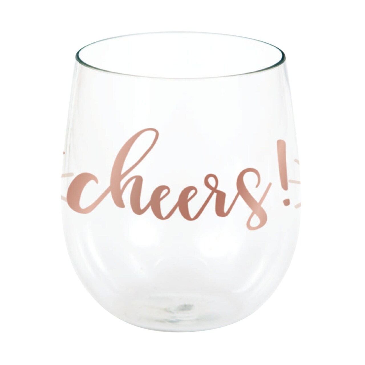 Party Central Pack of 6 Clear and Brown "cheers!" Printed Rose All Day Stemless Wine Glasses 4"